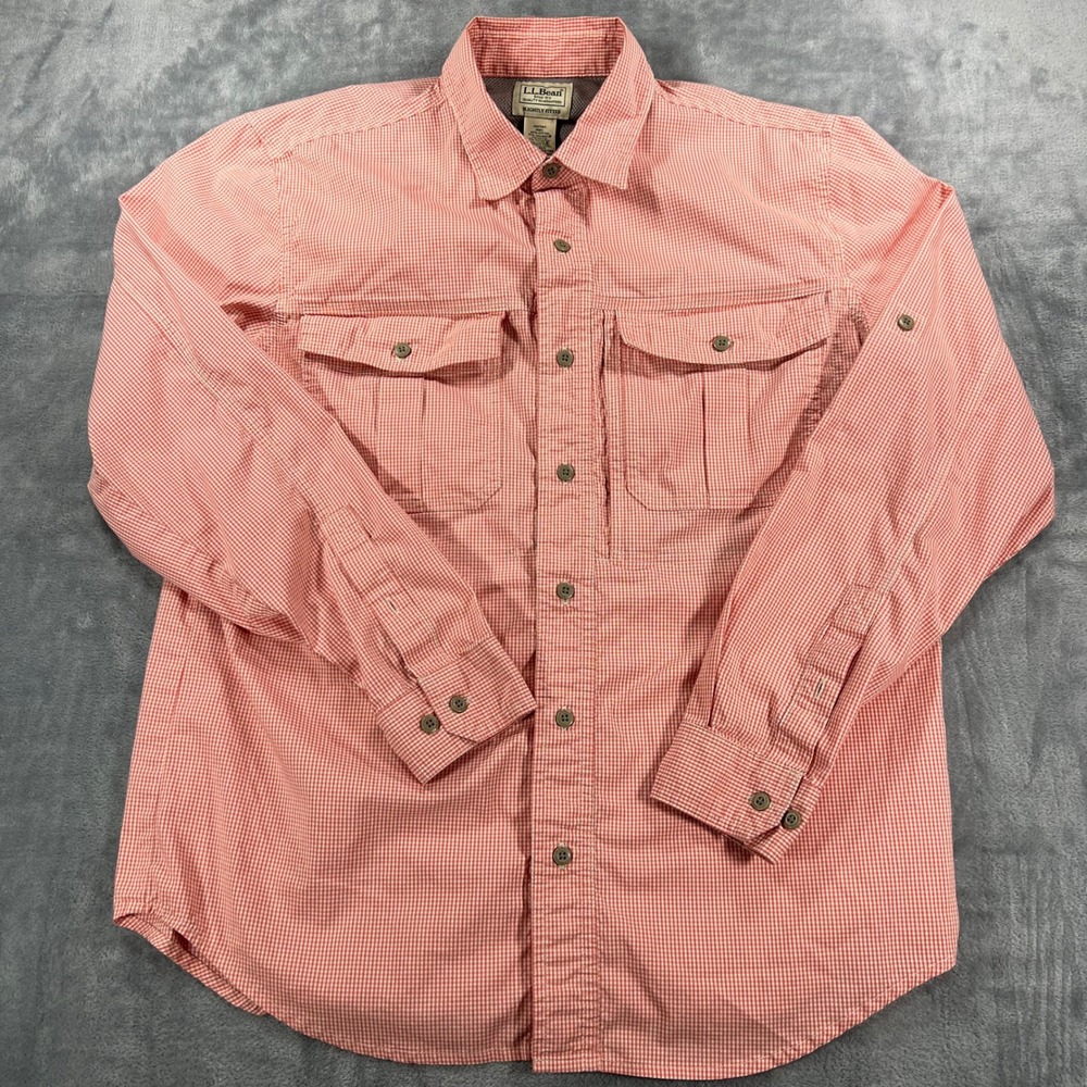 LL Bean Mens Gingham CoolMax Fishing Shirt Red White Slightly Fitted Medium